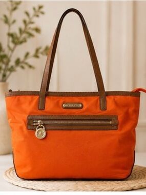 Michael Kors Orange Nylon Tote Bag | Leather Trim | Gold Hardware
